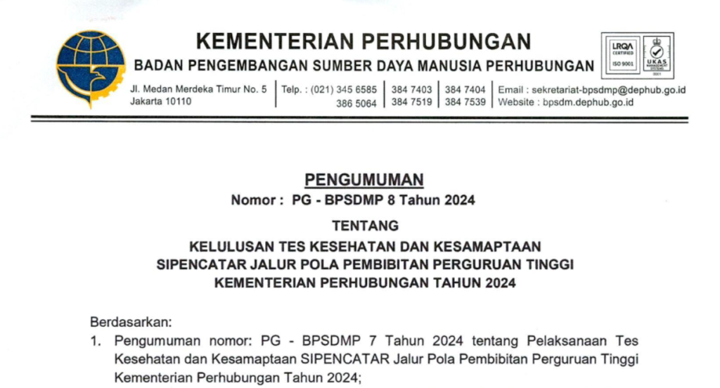 Pengumuman Kelulusan Tes Kesehatan dan Kesamaptaan Sipencatar Jalur Pola Pembibitan Tahun 2024