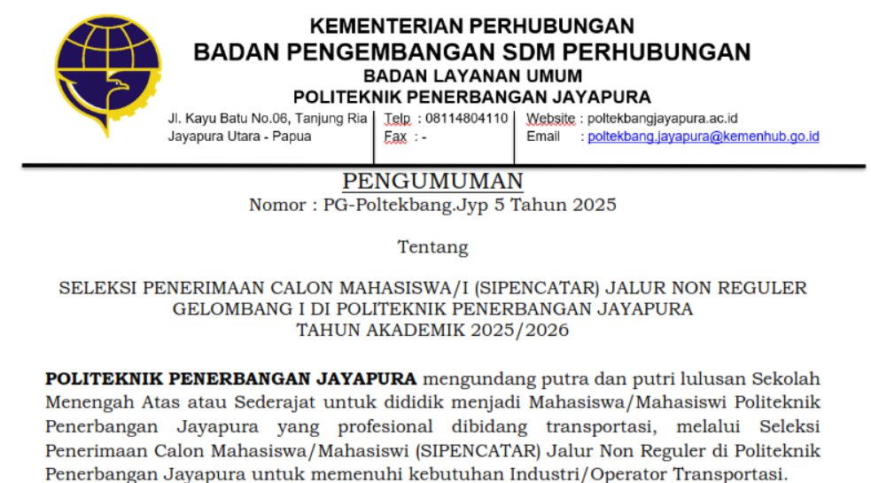 Penerimaan Calon Mahasiswa/i (SIPENCATAR Non Reguler Gelombang I 2025
