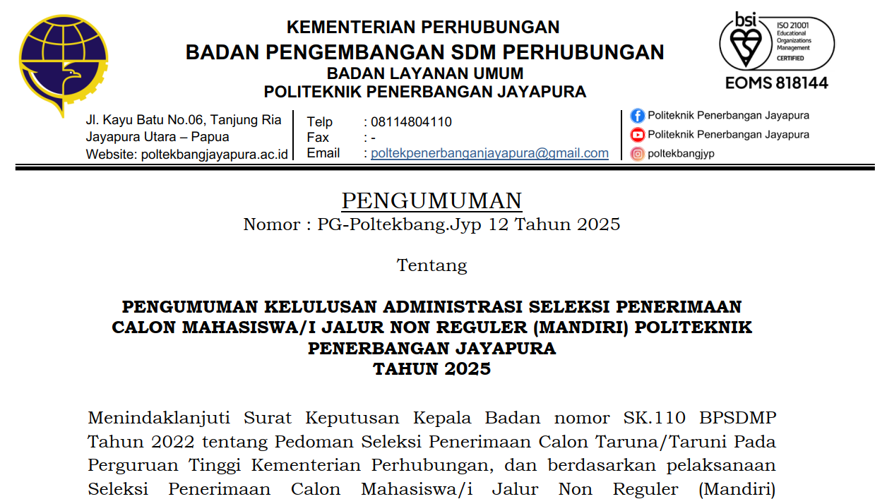 PENGUMUMAN KELULUSAN ADMINISTRASI JALUR NON REGULER (MANDIRI) 2025