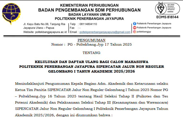 PENGUMUMAN KELULUSAN DAN DAFTAR ULANG