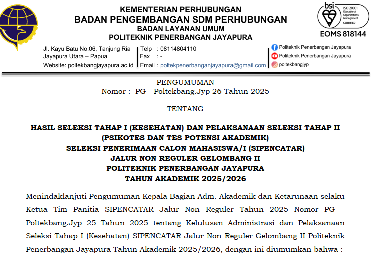Hasil Seleksi Tahap I Kesehatan & Pelaksanaan Seleksi Tahap II