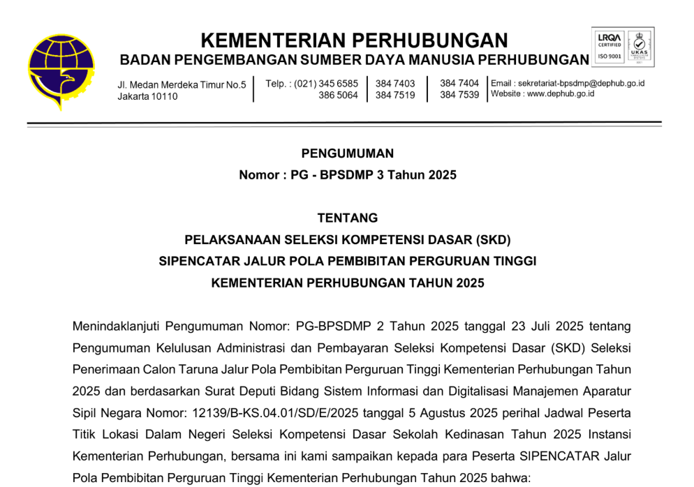 PELAKSANAAN SELEKSI KOMPETENSI DASAR (SKD) POLA PEMBIBITAN TAHUN 2025