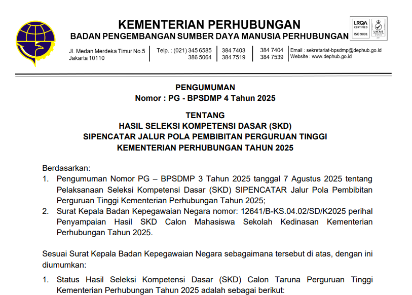 HASIL SELEKSI KOMPETENSI DASAR (SKD) JALUR POLBIT