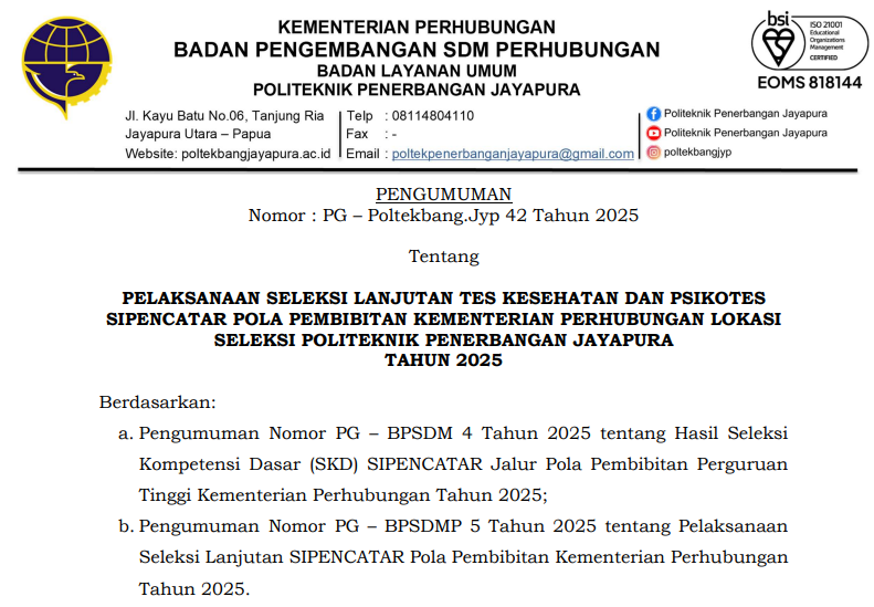 SELEKSI LANJUTAN TES KESEHATAN DAN PSIKOTES SIPENCATAR POLBIT