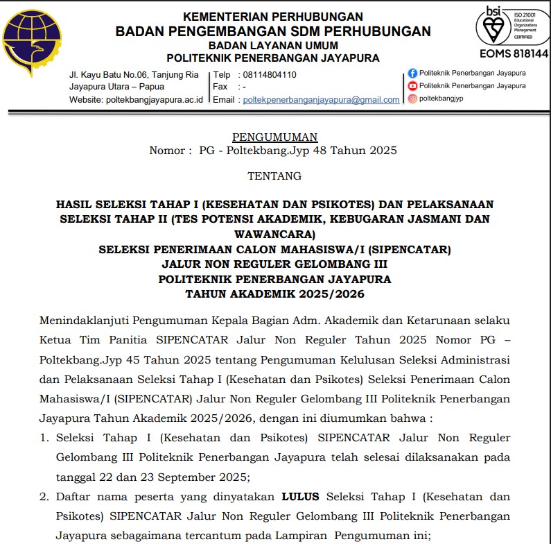 Pengumuman Hasil Seleksi Tahap I dan Pelaksanaan Seleksi Tahap II Non Pola Pembibitan Gelombang III