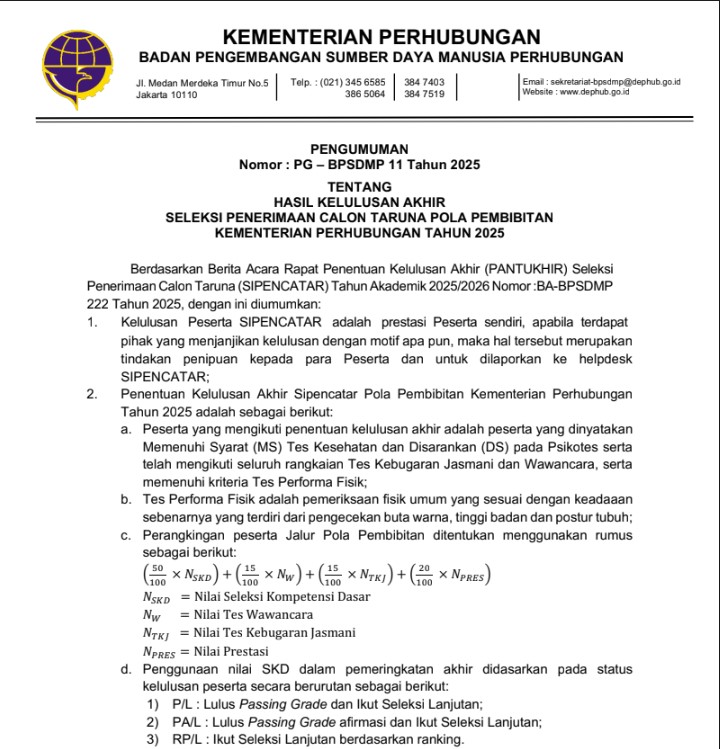 PENGUMUMAN HASIL KELULUSAN AKHIR  SELEKSI PENERIMAAN CALON TARUNA POLA PEMBIBITAN  KEMENTERIAN PERHUBUNGAN TAHUN 2025