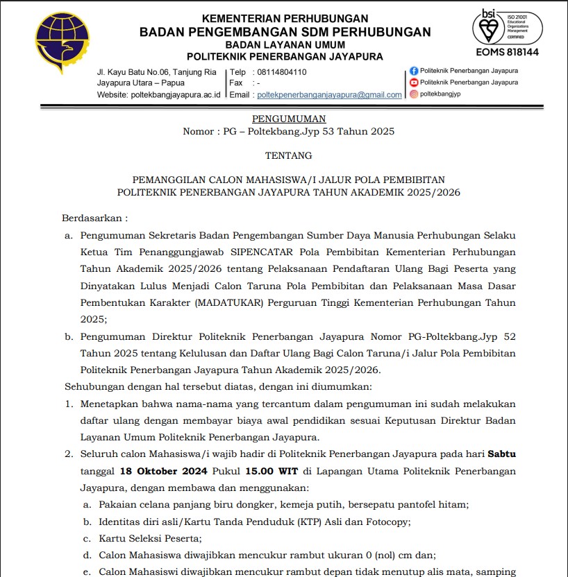 PEMANGGILAN CALON MAHASISWA/I JALUR POLA PEMBIBITAN POLITEKNIK PENERBANGAN JAYAPURA TAHUN AKADEMIK 2025/2026